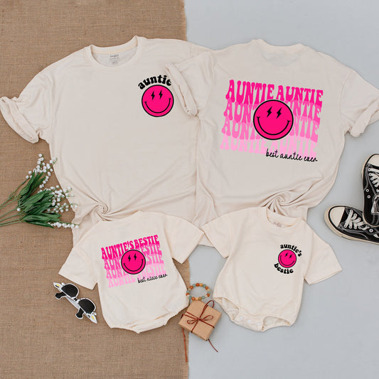 Personalized Auntie's Bestie Matching Outfit Modern Pink Smiley Face Baby Romper Cool Aunt Niece Shirt Newborn Girl Shower Gift Fun Aesthetic