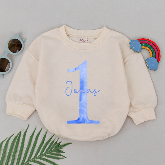 Personalized First Birthday Boy Romper Light Blue Watercolor One Design Custom Name Playful Modern Infant Bubble Bodysuit Outfit Gift