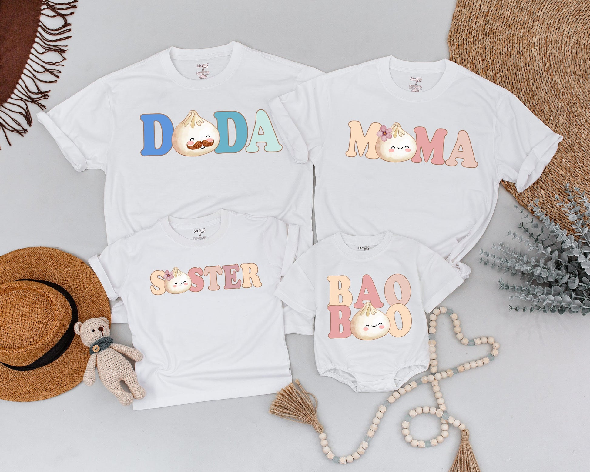 Custom Name Baby Bao Matching Shirts Little Dumpling Outfit Pregnancy Reveal Newborn Coming Home Baby Shower Gift Family Retro Pastel Design