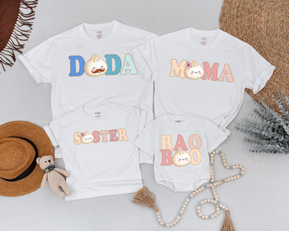Custom Name Baby Bao Matching Shirts Little Dumpling Outfit Pregnancy Reveal Newborn Coming Home Baby Shower Gift Family Retro Pastel Design