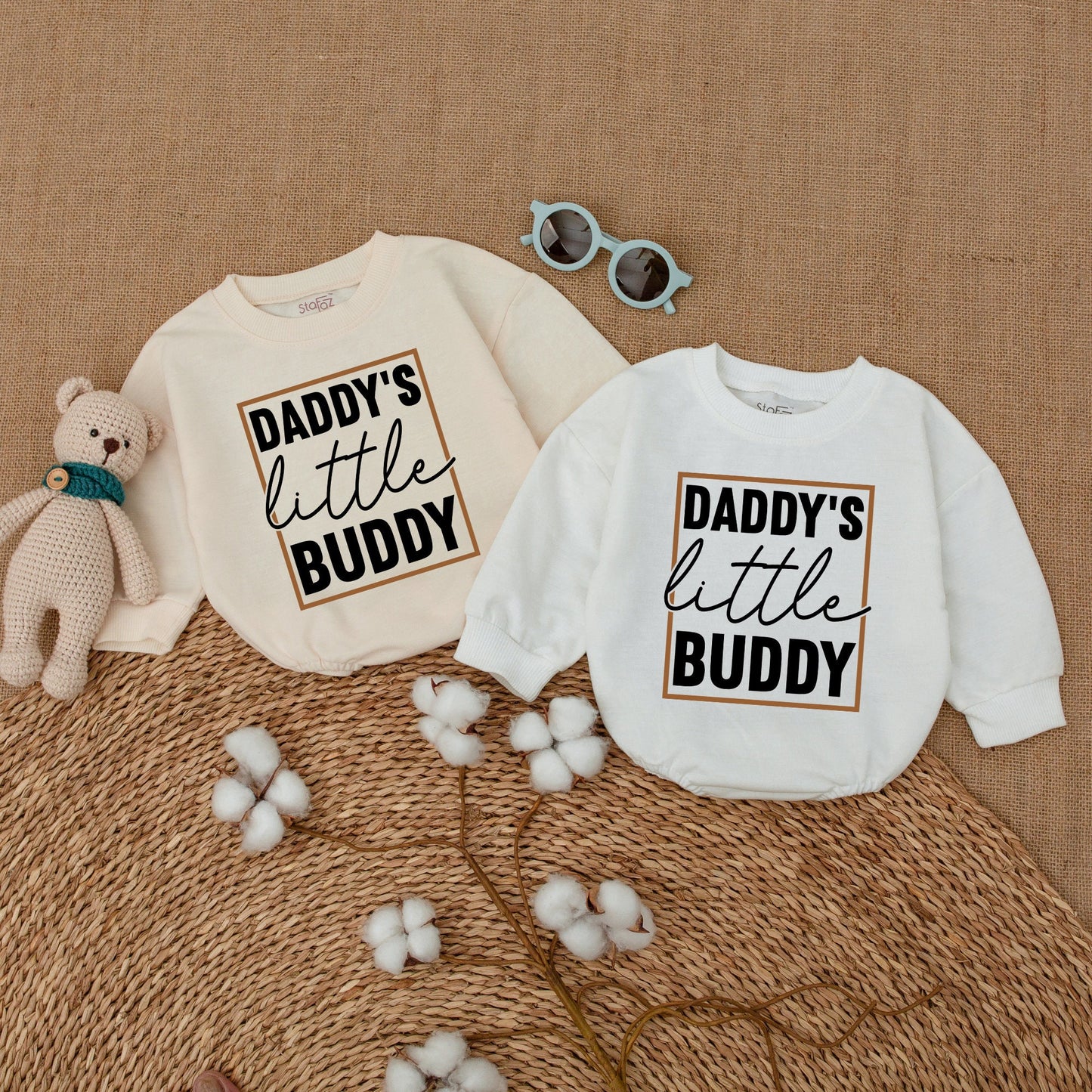 Daddy's Little Buddy Baby Boy Romper Bodysuit, Father's Day Newborn Outfit, Adorable Baby Shower Gift with Modern Brown Frame Design