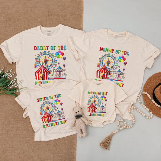 Personalized Carnival Family Birthday Shirts Mommy Daddy Sister 1st Birthday Boy Whimsical Circus Tent Balloons Ferris Wheel Bodysuit Crew Outfit