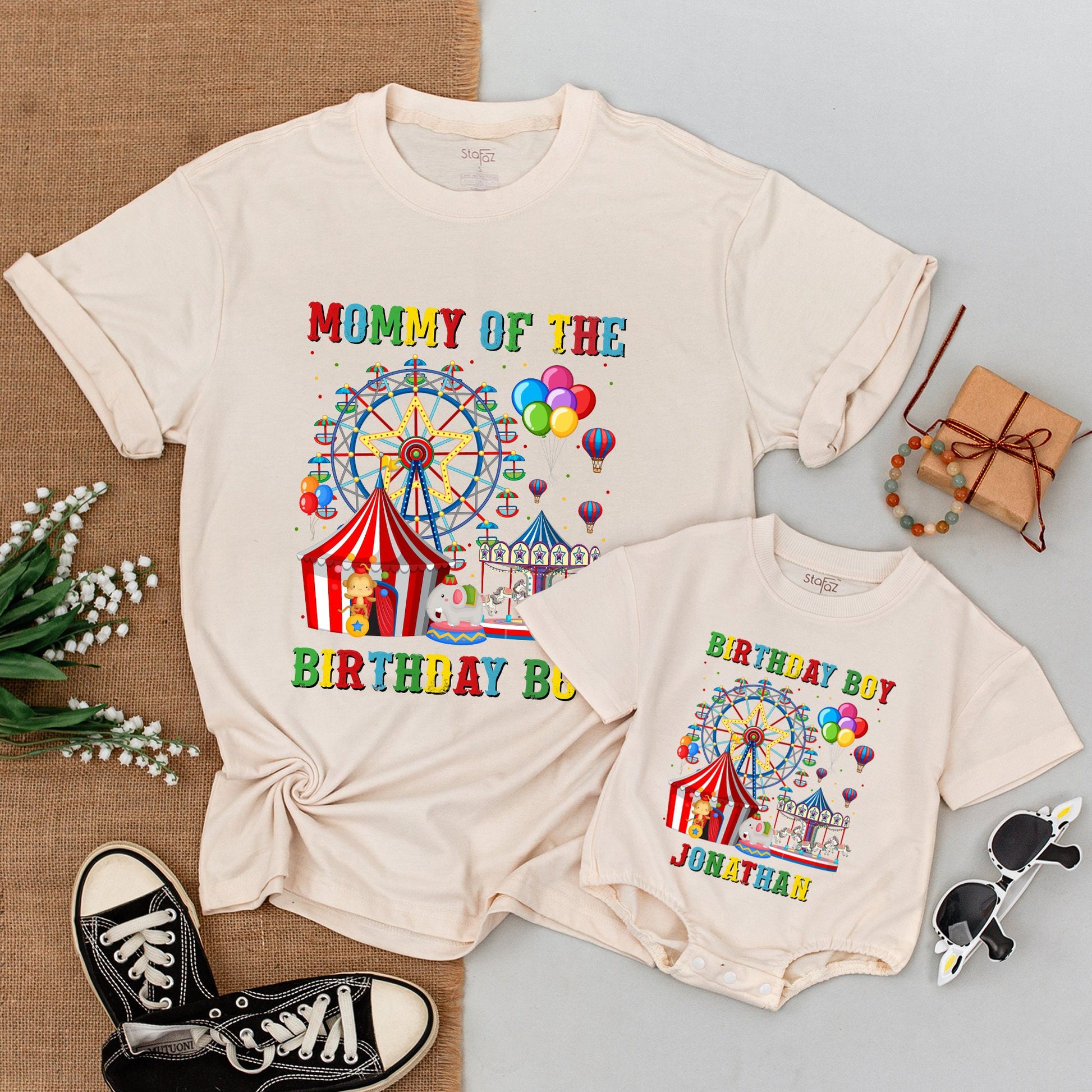 Personalized Carnival Family Birthday Shirts Mommy Daddy Sister 1st Birthday Boy Whimsical Circus Tent Balloons Ferris Wheel Bodysuit Crew Outfit