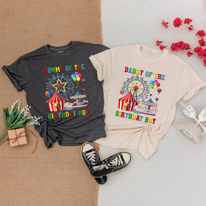 Personalized Carnival Family Birthday Shirts Mommy Daddy Sister 1st Birthday Boy Whimsical Circus Tent Balloons Ferris Wheel Bodysuit Crew Outfit