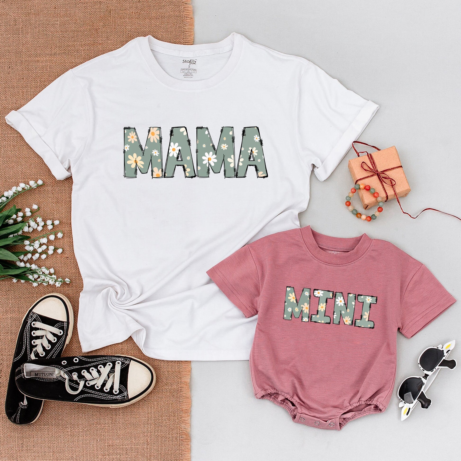 Mama and Mini Daisy Matching Mom and Baby Shirts Bodysuit Set Floral Birthday Party Outfits Muted Green Peach Accents