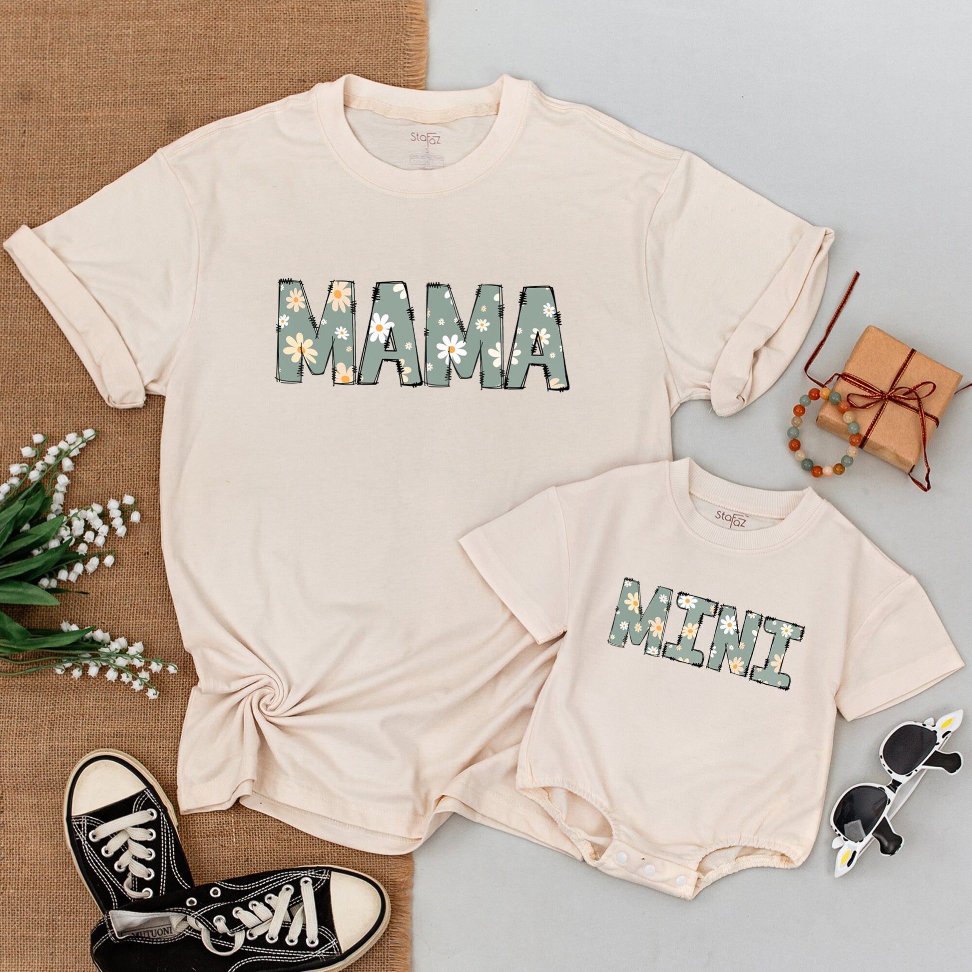 Mama and Mini Daisy Matching Mom and Baby Shirts Bodysuit Set Floral Birthday Party Outfits Muted Green Peach Accents