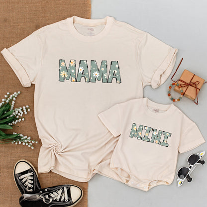 Mama and Mini Daisy Matching Mom and Baby Shirts Bodysuit Set Floral Birthday Party Outfits Muted Green Peach Accents