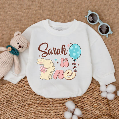Personalized Some Bunny Is One Birthday Romper for Baby Girl Sarah, Adorable First Birthday Smash Cake Outfit Pink Bow Blue Polka Dots