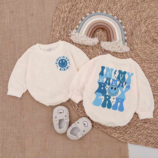 Custom Mama's Boy Era Baby Romper Retro Blue Star Smiley Design Personalized Boy Bodysuit Outfit Newborn Coming Home Gift Baby Shower