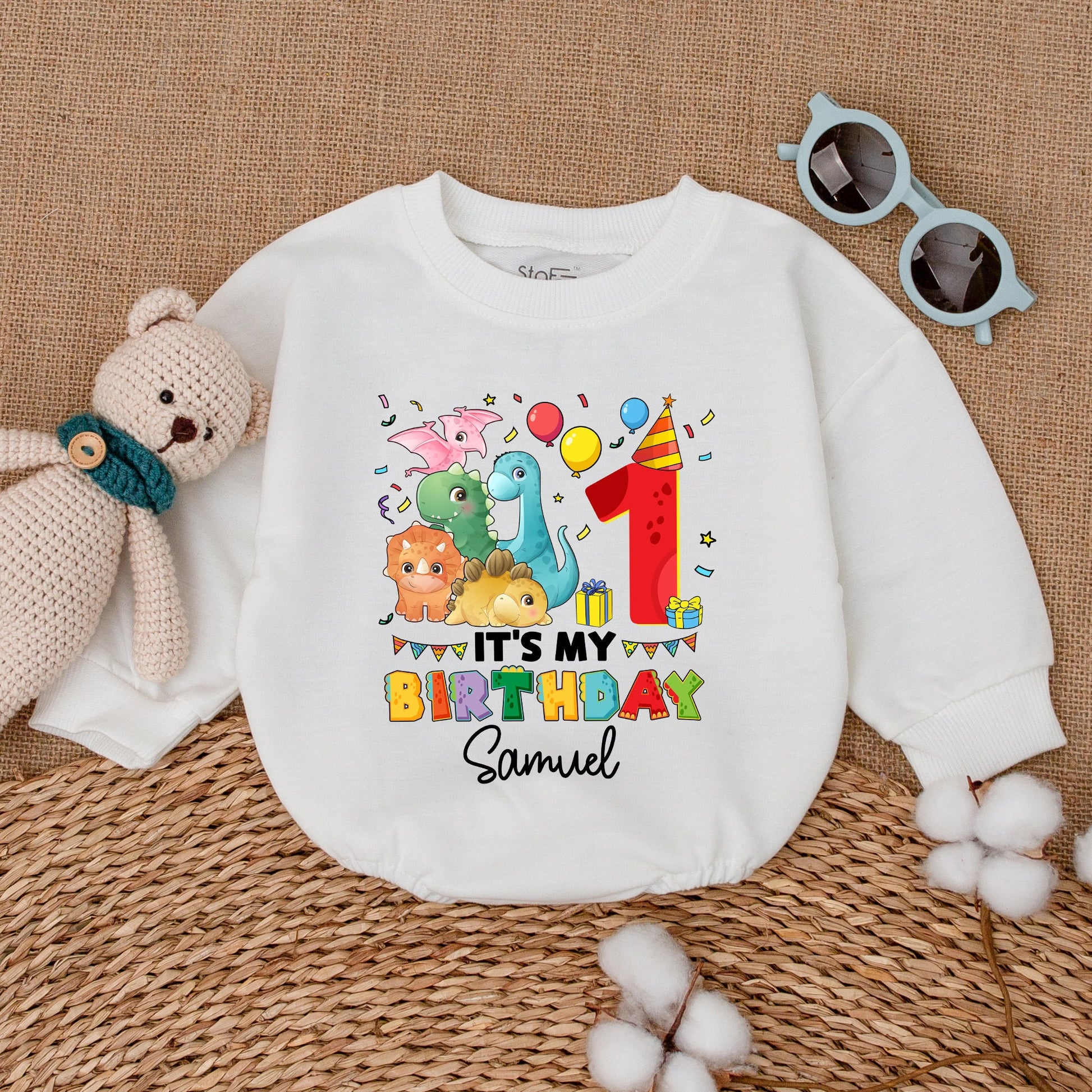 Personalized It's My First Birthday Dinosaur Romper for Baby Boy Cake Smash Outfit Bodysuit Newborn Bubble Romper Party Confetti Design