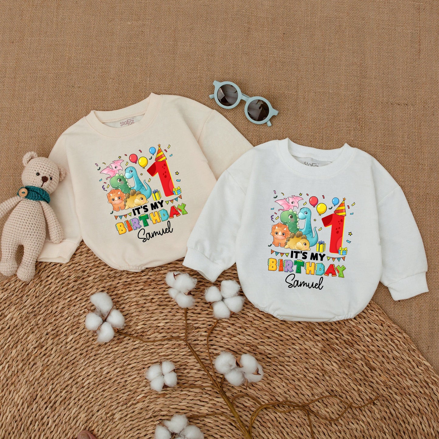 Personalized It's My First Birthday Dinosaur Romper for Baby Boy Cake Smash Outfit Bodysuit Newborn Bubble Romper Party Confetti Design