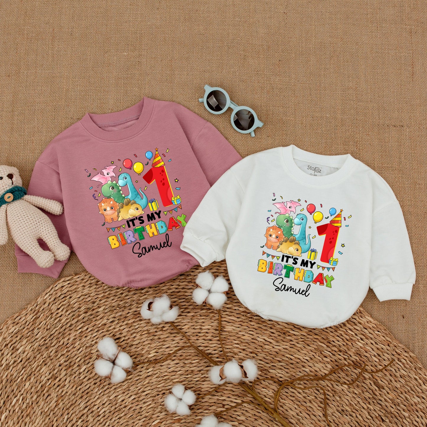 Personalized It's My First Birthday Dinosaur Romper for Baby Boy Cake Smash Outfit Bodysuit Newborn Bubble Romper Party Confetti Design