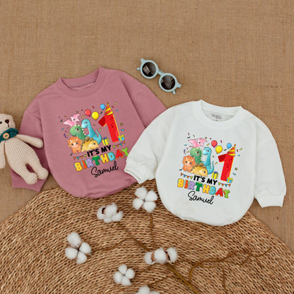 Personalized It's My First Birthday Dinosaur Romper for Baby Boy Cake Smash Outfit Bodysuit Newborn Bubble Romper Party Confetti Design
