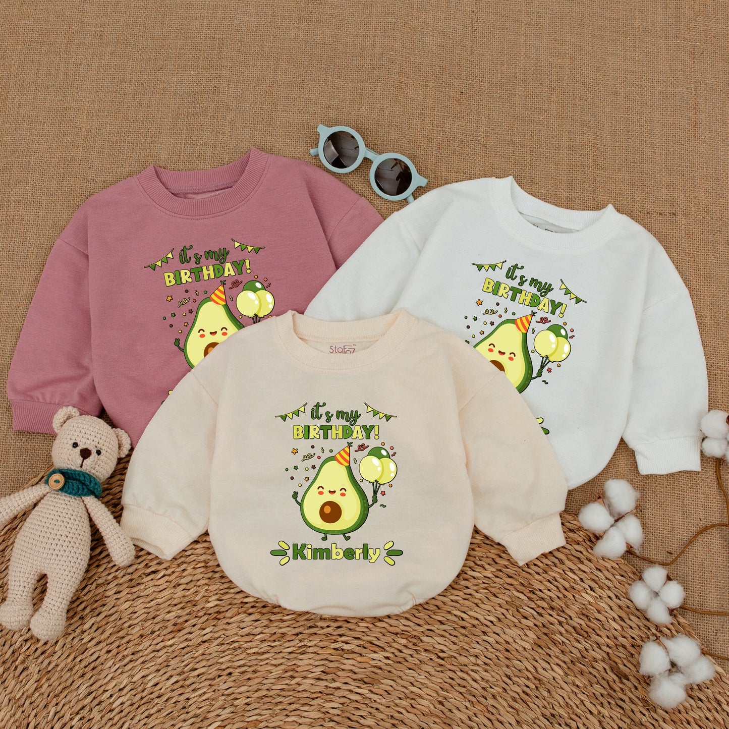 Personalized It's My BIRTHDAY! Avocado Bubble Romper Baby Girl First Birthday Cake Smash Outfit Holy Guacamole Bodysuit with Party Hat