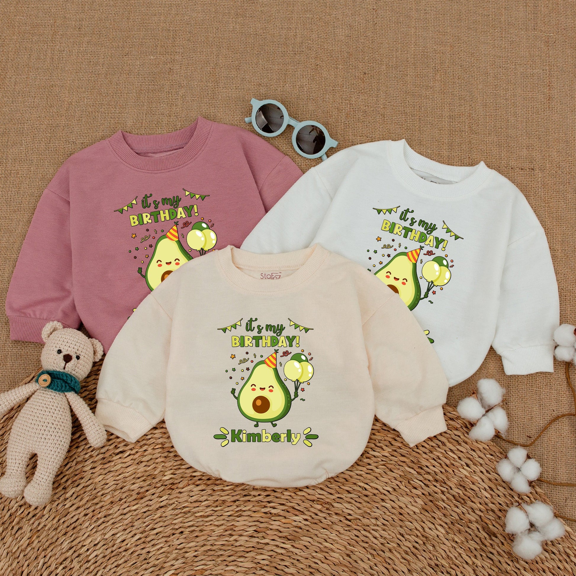 Personalized It's My BIRTHDAY! Avocado Bubble Romper Baby Girl First Birthday Cake Smash Outfit Holy Guacamole Bodysuit with Party Hat