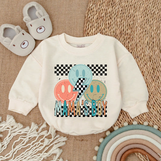 Mama's Boy Retro Romper & Bodysuit with Cheerful Smiling Faces Peach Blue Brown Checkered Lightning Bolt Vintage Baby Outfit Infant Gift