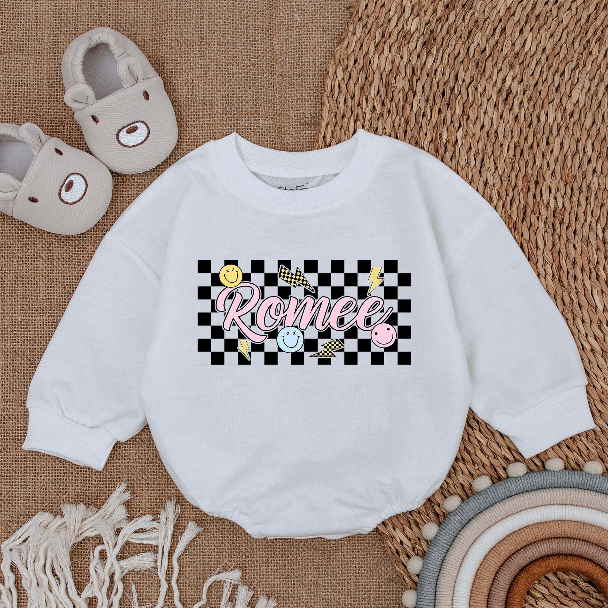 Personalized Baby Girl Retro Checkered Bubble Romper Custom Name Outfit Pink Bubble Letters Yellow Smiley Lightning Bolts Playful Vintage Clothes