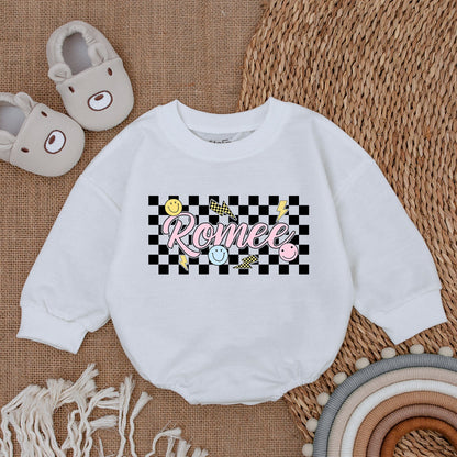 Personalized Baby Girl Retro Checkered Bubble Romper Custom Name Outfit Pink Bubble Letters Yellow Smiley Lightning Bolts Playful Vintage Clothes