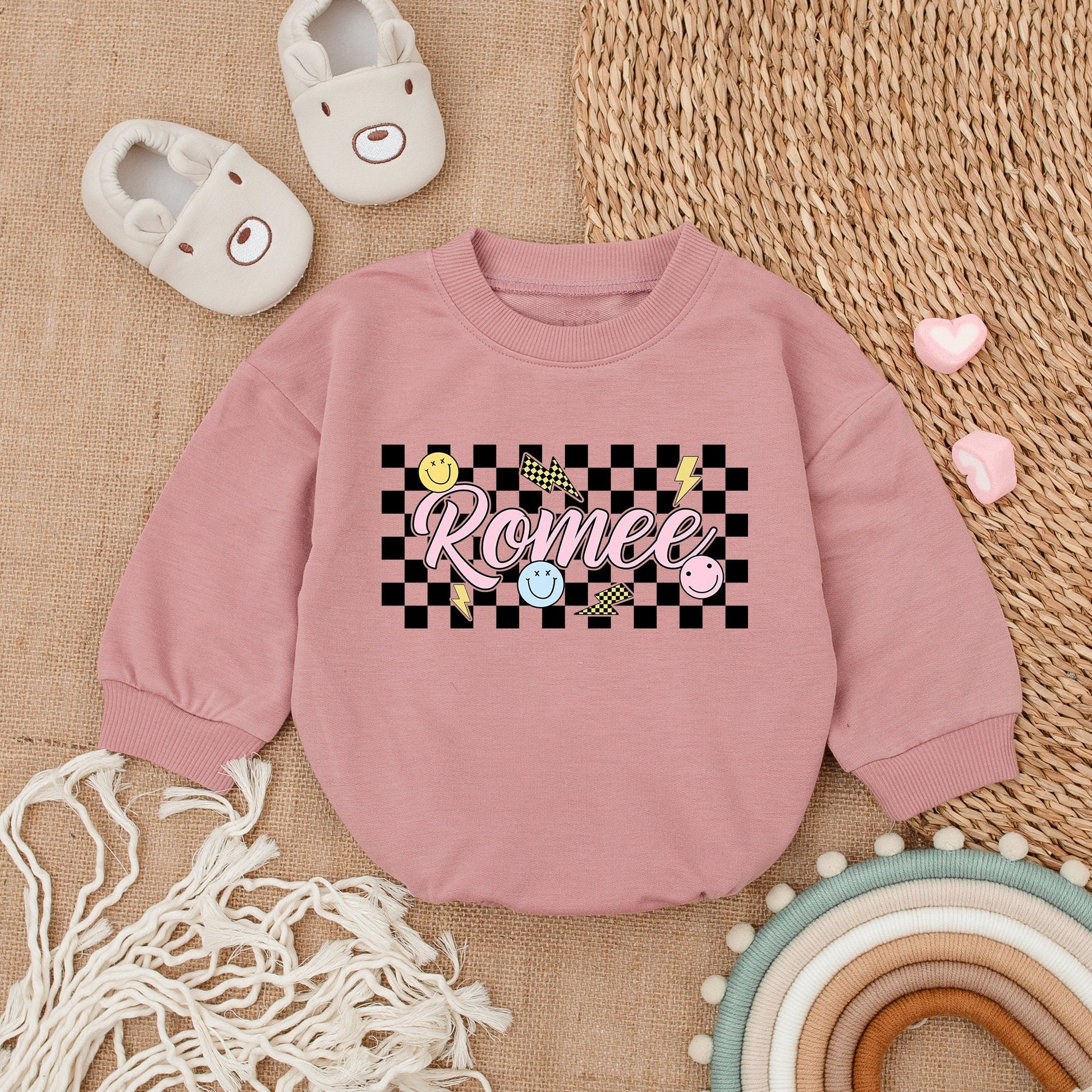 Personalized Baby Girl Retro Checkered Bubble Romper Custom Name Outfit Pink Bubble Letters Yellow Smiley Lightning Bolts Playful Vintage Clothes