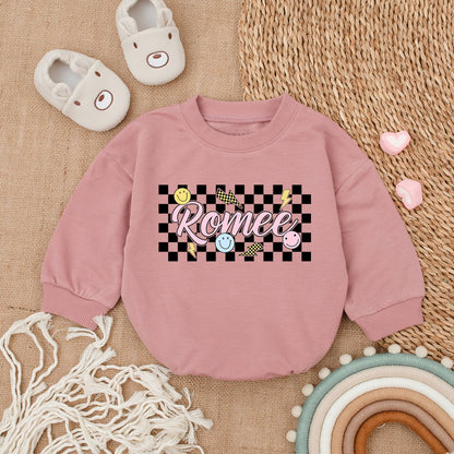 Personalized Baby Girl Retro Checkered Bubble Romper Custom Name Outfit Pink Bubble Letters Yellow Smiley Lightning Bolts Playful Vintage Clothes