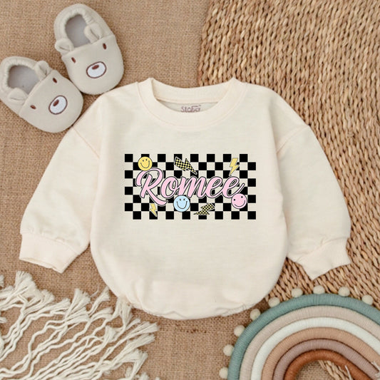 Personalized Baby Girl Retro Checkered Bubble Romper Custom Name Outfit Pink Bubble Letters Yellow Smiley Lightning Bolts Playful Vintage Clothes