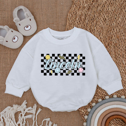 Personalized Name Baby Boy Bubble Romper Lincoln Script Retro Checkered Lightning Smiley Face Design Yellow Blue White Black Outfit Gift