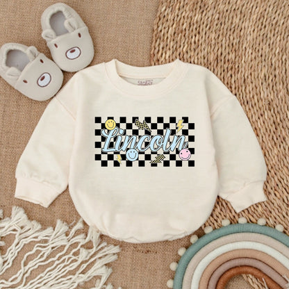 Personalized Name Baby Boy Bubble Romper Lincoln Script Retro Checkered Lightning Smiley Face Design Yellow Blue White Black Outfit Gift