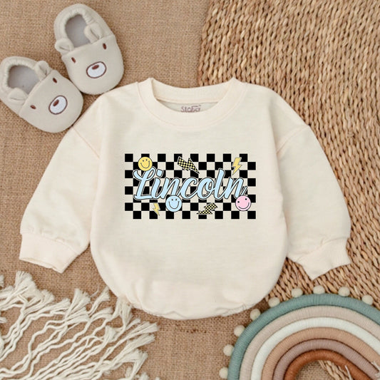 Personalized Name Baby Boy Bubble Romper Lincoln Script Retro Checkered Lightning Smiley Face Design Yellow Blue White Black Outfit Gift