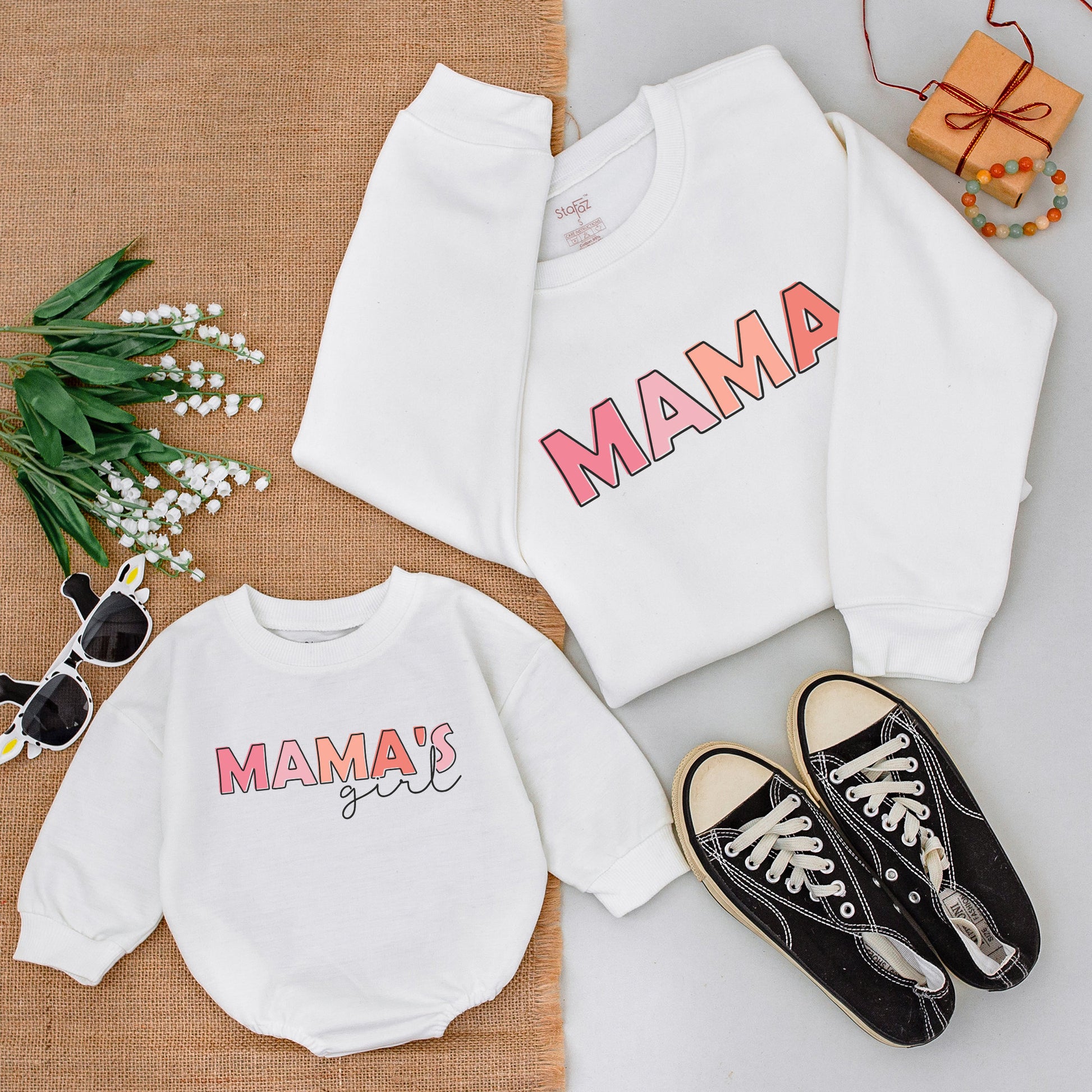 Matching Mama Mini Sweatshirts & Romper Mother Daughter Outfit Pink Gradient MAMA'S Girl Bold Blocky Simple Modern Soft Comfortable Baby Girl New Mom Gift