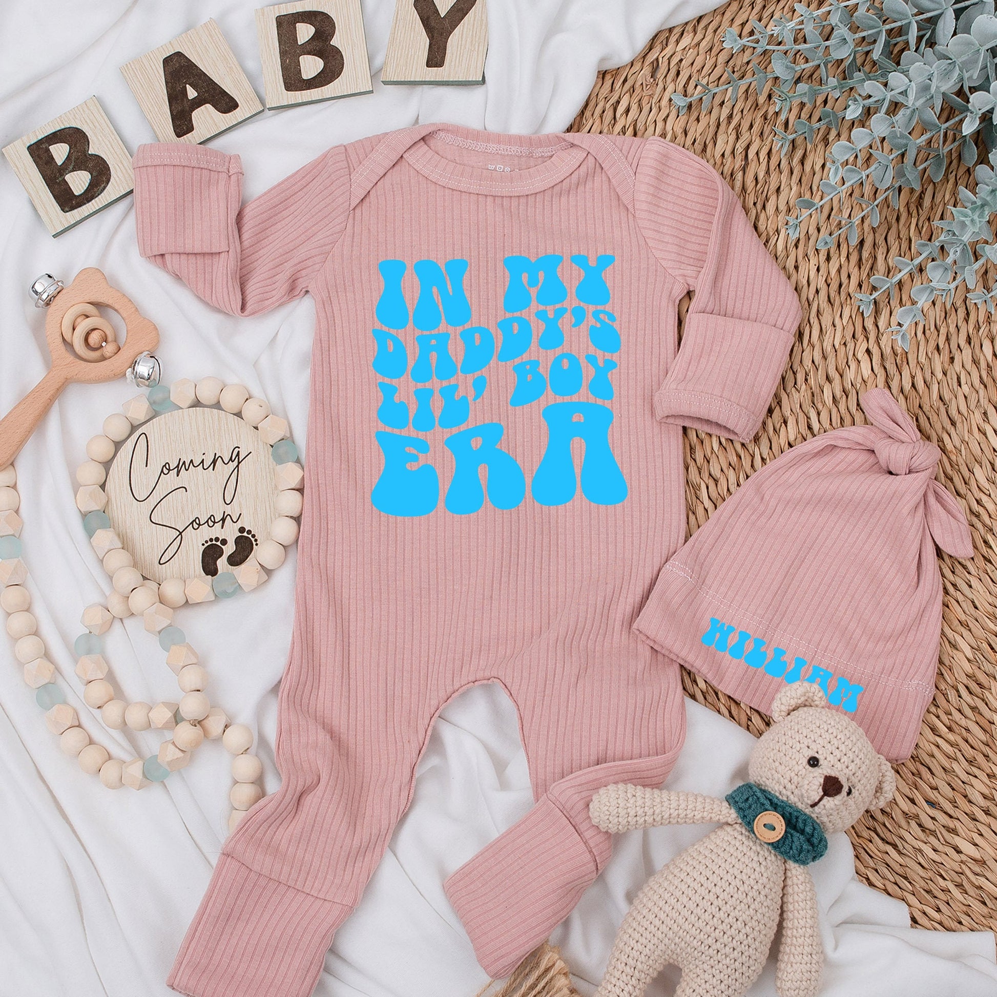 Personalized In My Daddy's Lil' Boy Era Bodysuit Set Custom Name Beanie Retro Blue Bubbly Font Baby Boy Outfit Newborn Gift Romper