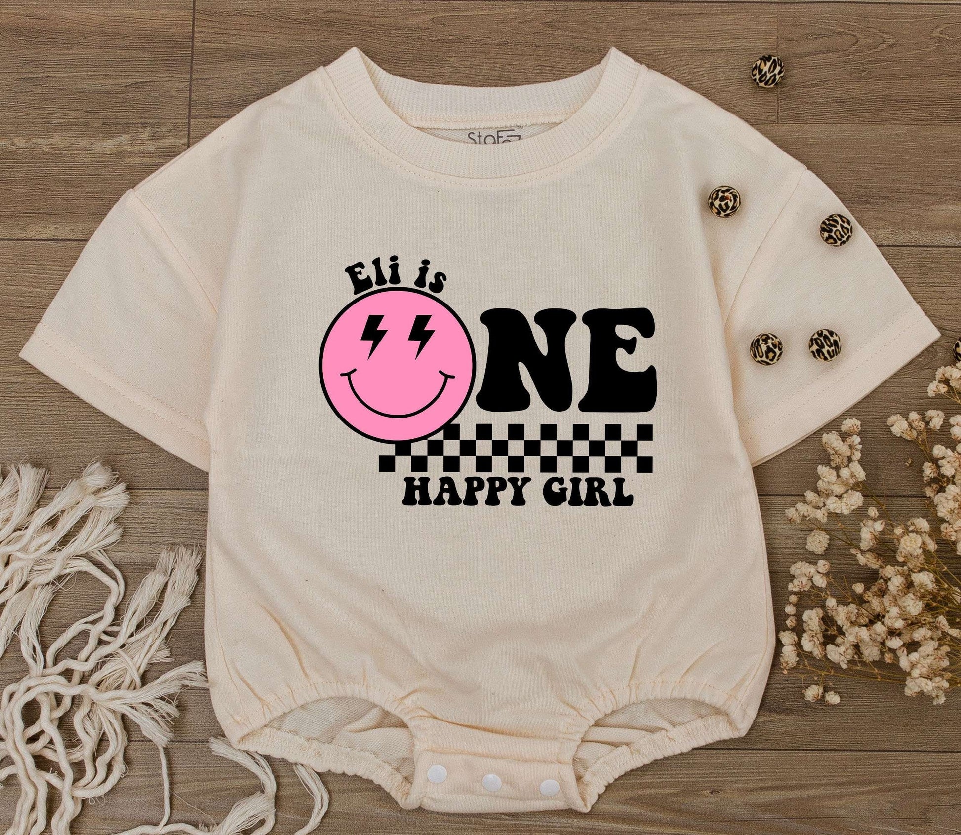 Personalized One Happy Girl First Birthday Bodysuit Pink Smiley Face Lightning Eyes Checkered Print Baby Toddler Outfit