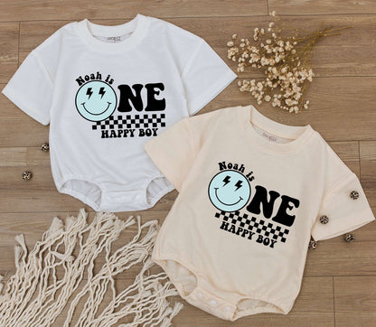 Personalized One Happy Boy Birthday Bodysuit Groovy First Birthday Outfit Custom Smiley Face Lightning Checkered Print Baby Toddler Clothes