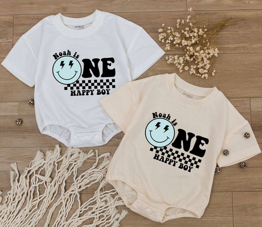 Personalized One Happy Boy Birthday Bodysuit Groovy First Birthday Outfit Custom Smiley Face Lightning Checkered Print Baby Toddler Clothes