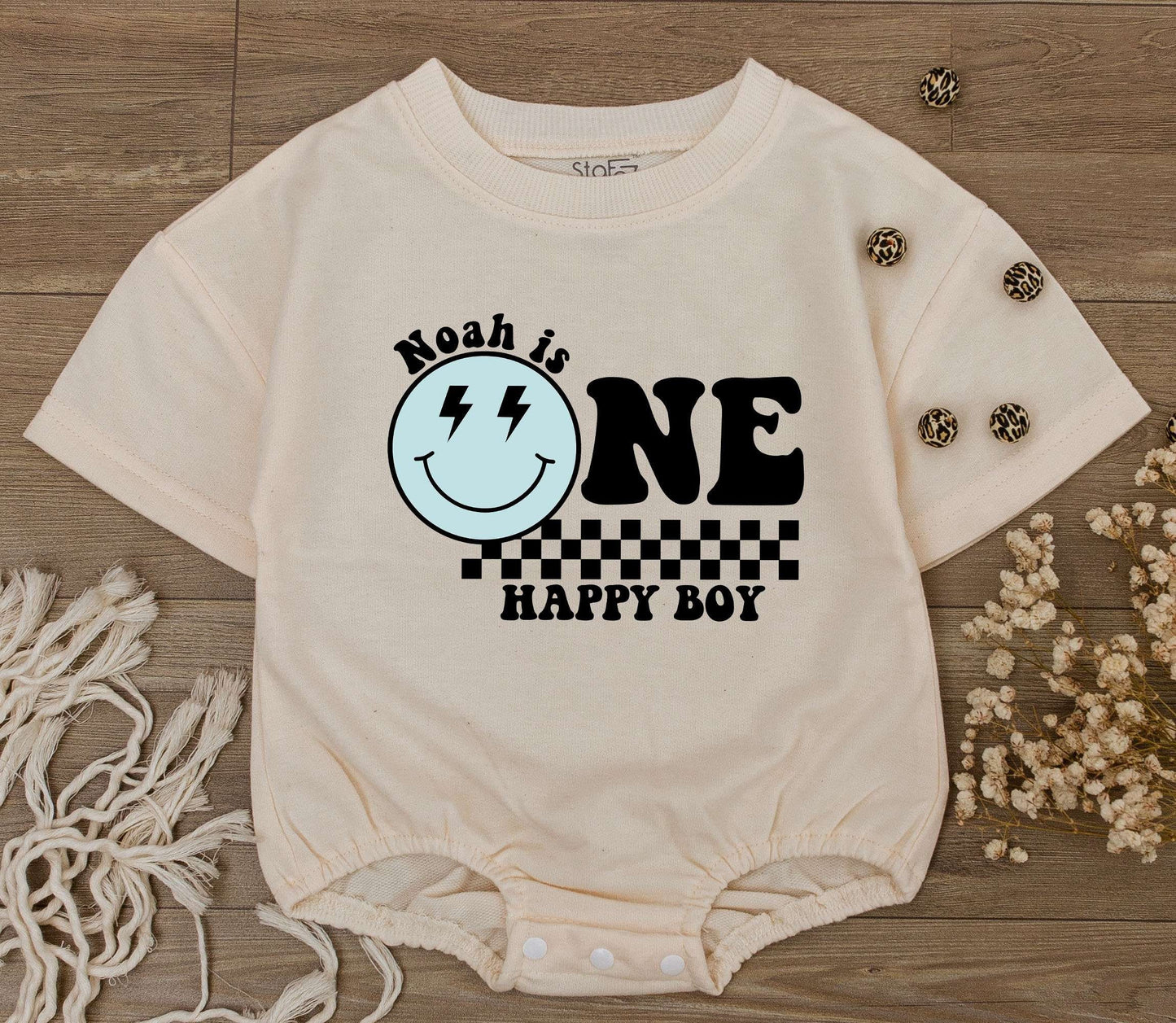 Personalized One Happy Boy Birthday Bodysuit Groovy First Birthday Outfit Custom Smiley Face Lightning Checkered Print Baby Toddler Clothes