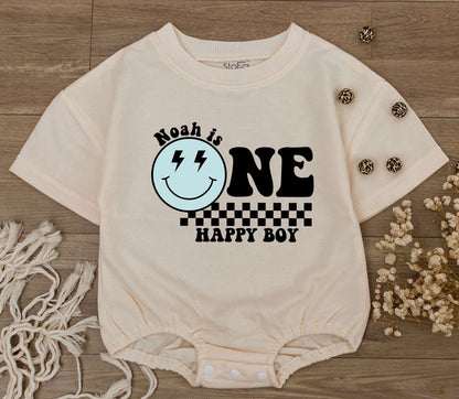Personalized One Happy Boy Birthday Bodysuit Groovy First Birthday Outfit Custom Smiley Face Lightning Checkered Print Baby Toddler Clothes