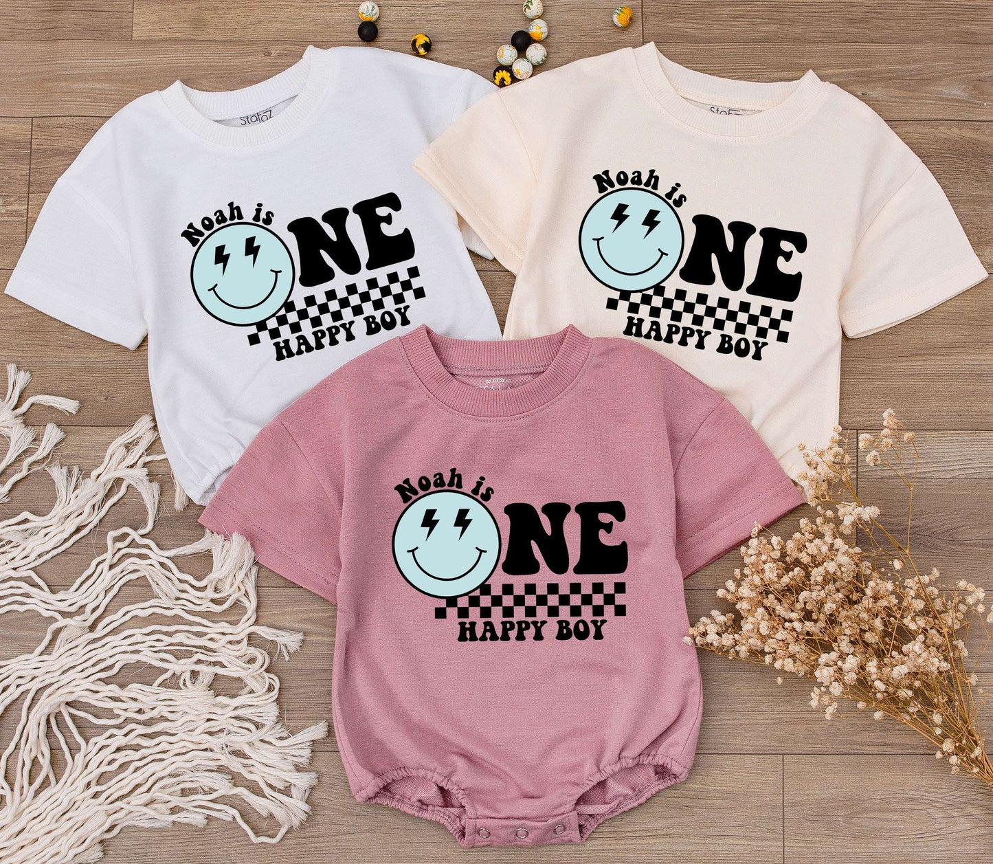 Personalized One Happy Boy Birthday Bodysuit Groovy First Birthday Outfit Custom Smiley Face Lightning Checkered Print Baby Toddler Clothes