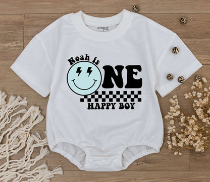 Personalized One Happy Boy Birthday Bodysuit Groovy First Birthday Outfit Custom Smiley Face Lightning Checkered Print Baby Toddler Clothes