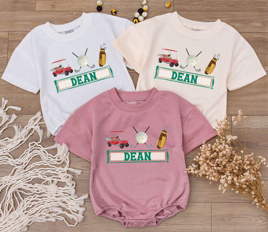 Personalized Dean Golf First Birthday Baby Romper Outfit with Cartoon Red Golf Cart, Green Name Boy Girl Bodysuit Hole in One Party