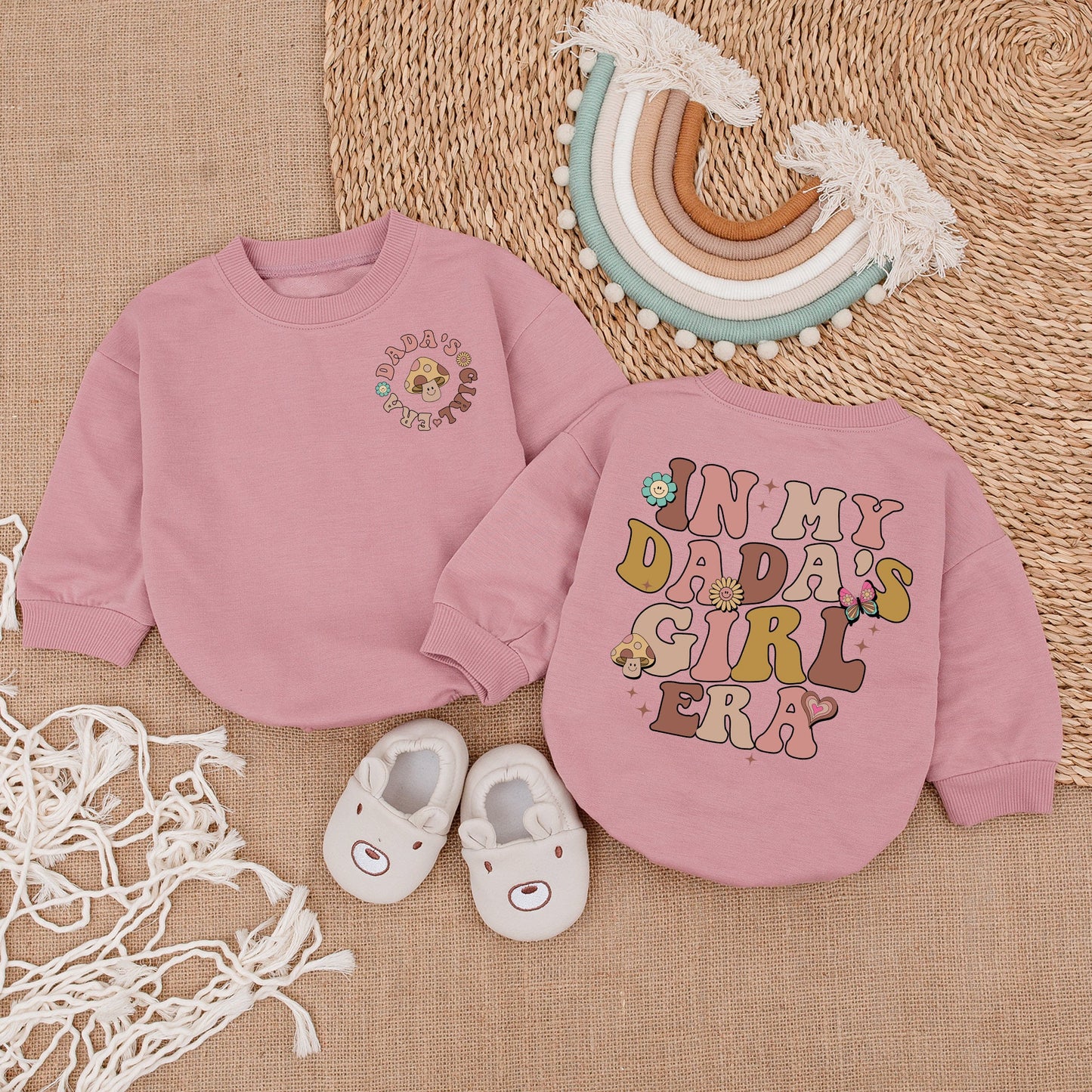 Daddy's Girl Era Baby Romper Retro Mushroom Pink Floral Vintage Whimsical Hearts Stars Butterflies Outfit Comfortable Gift