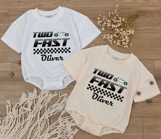 Custom Two Fast Race Car Birthday Baby Boy Romper with Personalized Name Cute Racecar Party Bodysuit Modern Checkered Jumpsuit Kids Outfit