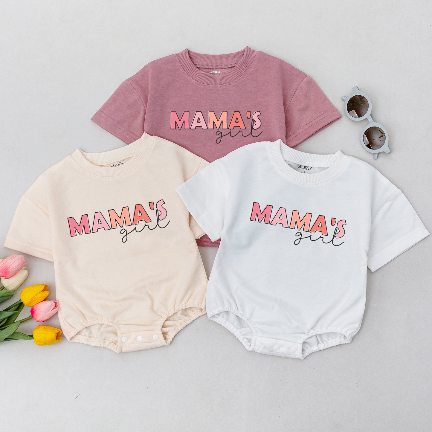 Matching Mama Mini Sweatshirts & Romper Mother Daughter Outfit Pink Gradient MAMA'S Girl Bold Blocky Simple Modern Soft Comfortable Baby Girl New Mom Gift
