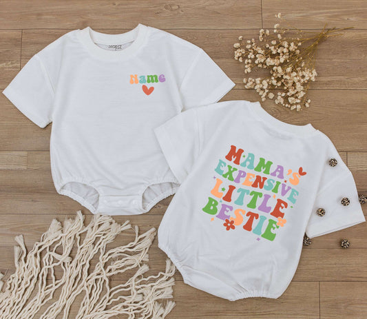 Custom Mama's Expensive Little Bestie Birthday Bodysuit Trendy Retro Pastel Style Outfit for Baby Girl or Boy with Heart and Flower Design