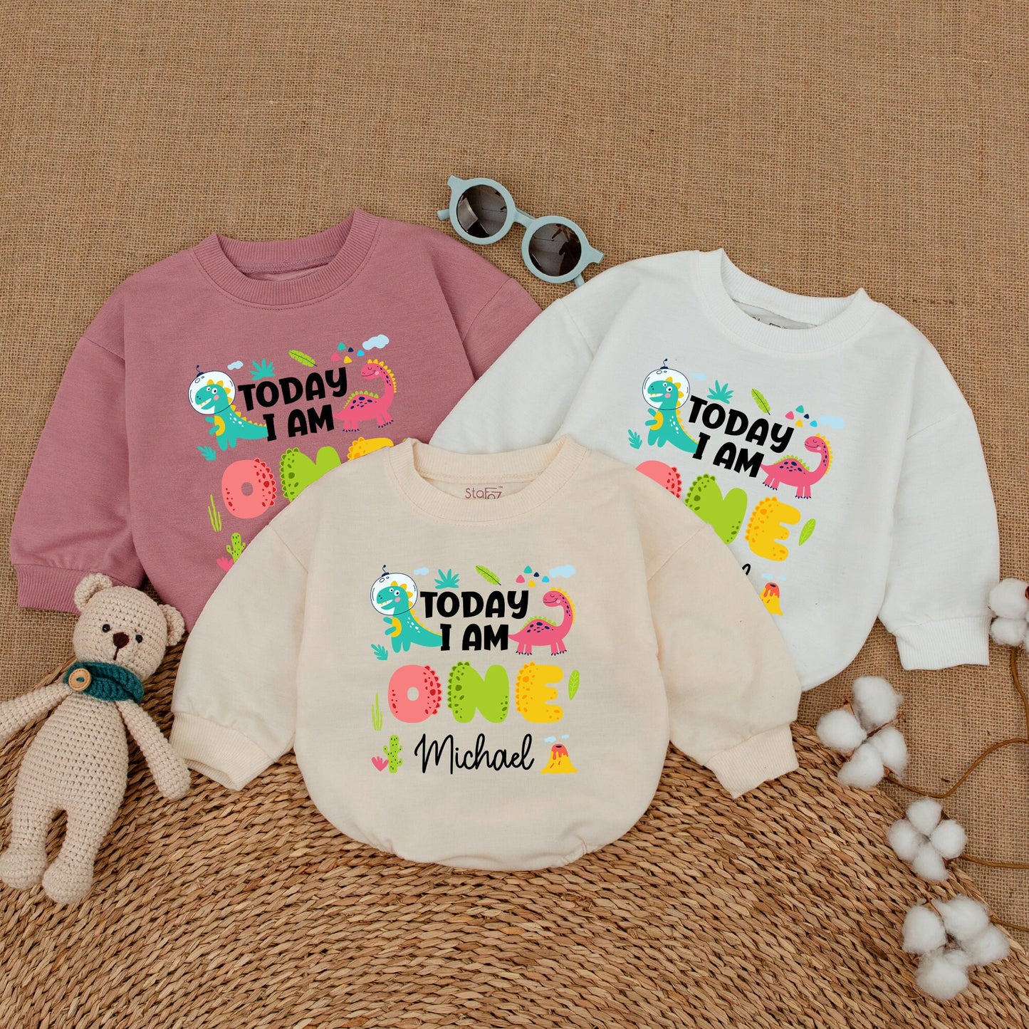 Personalized Today I Am One Dinosaur Birthday Romper with Playful Space Dino & Pink Dino for Baby Boy Newborn Cake Smash Outfit Adorable Colorful