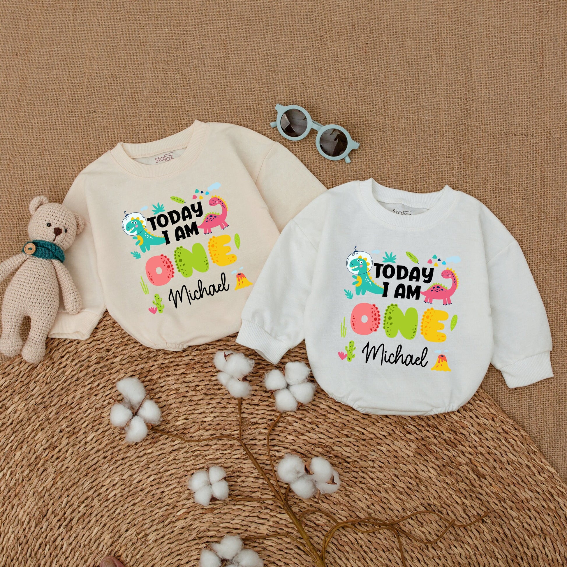Personalized Today I Am One Dinosaur Birthday Romper with Playful Space Dino & Pink Dino for Baby Boy Newborn Cake Smash Outfit Adorable Colorful