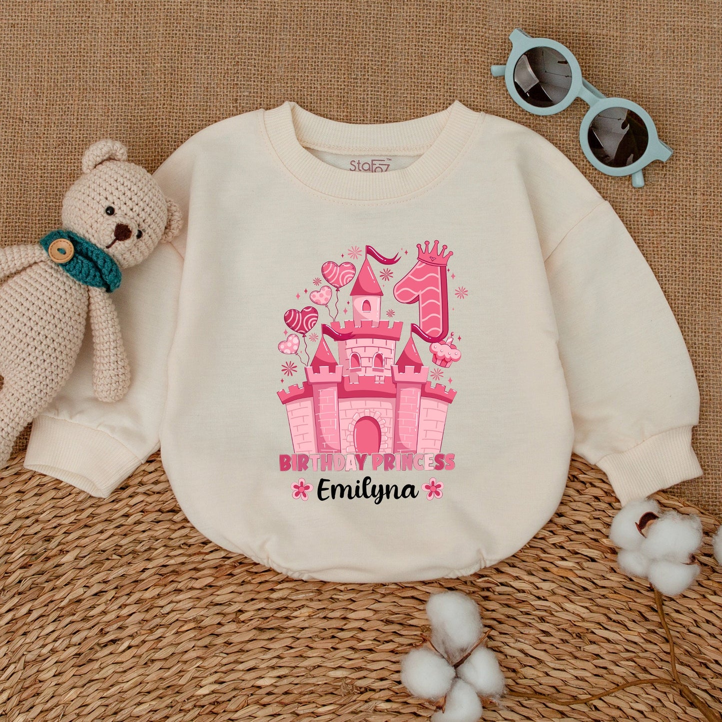 Personalized Pink Princess Castle First Birthday Romper Outfit, Baby Girl One Year Smash Cake Bodysuit with Name & Crown Design
