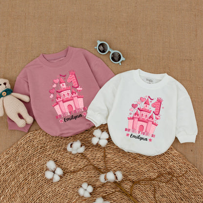 Personalized Pink Princess Castle First Birthday Romper Outfit, Baby Girl One Year Smash Cake Bodysuit with Name & Crown Design
