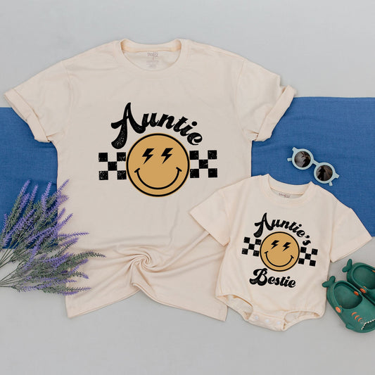 Matching Auntie Bestie Shirt and Romper Retro Smiley Face Checkered Set Distressed Black Yellow Lightning Eyes Vintage Boho Gift Niece Nephew