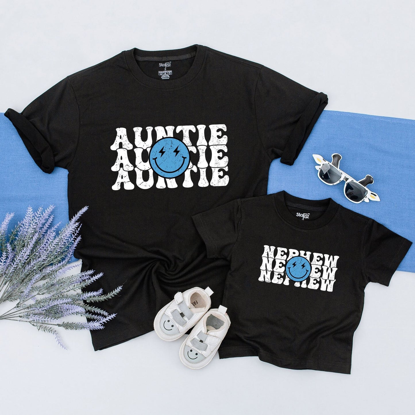 Personalized Retro Auntie and Me Shirt with 70s Smiley Face Design, Vintage Distressed Bold Black Font Tee, Best Aunt Gift for Nephew Niece