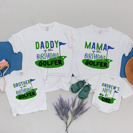 Matching Family Golfer Birthday Shirts Mom Dad Son Daughter Hole in One First Birthday Party Tee Green Blue Golf Outfit