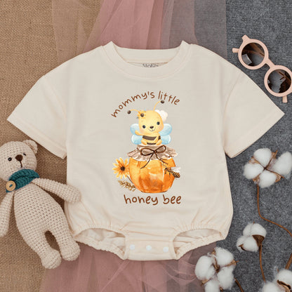 Mommy's Little Honey Bee Short-Sleeve Romper Cute Baby Outfit featuring Cartoon Bumble Bee on Honey Jar and Flower Graphics
